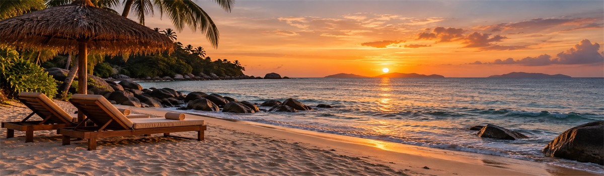Palm trees and beach loungers at sunset
